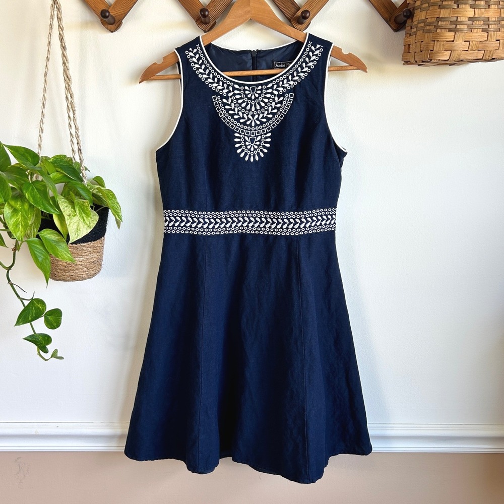 Jessica Howard Navy Blue Embroidered Linen Blend A-Line Dress 6P Career Cocktail